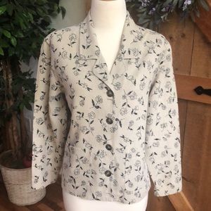 Women’s TALBOTS Petites Tan Linen Black Floral Button Front Blazer Jacket Size S